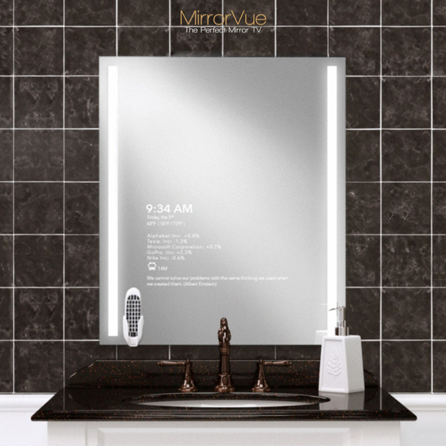 Bathroom vanity mirror TV with integrated light and built-in remote holder.