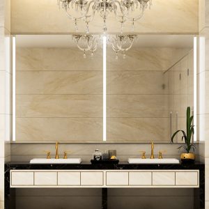 Beautiful bathroom vanity mirror with integrated True Light LED light.