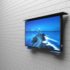 Outdoor TV on a full swivel wall mount bracket with push-in and pull-out mechanism.