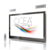 Surface mounted Android smart bathroom TV with aluminum external speakers.